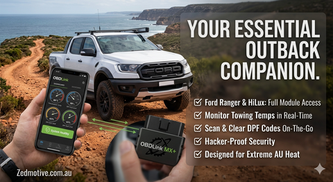 Ford Ranger in outback setting with OBDLink MX device and smartphone app.